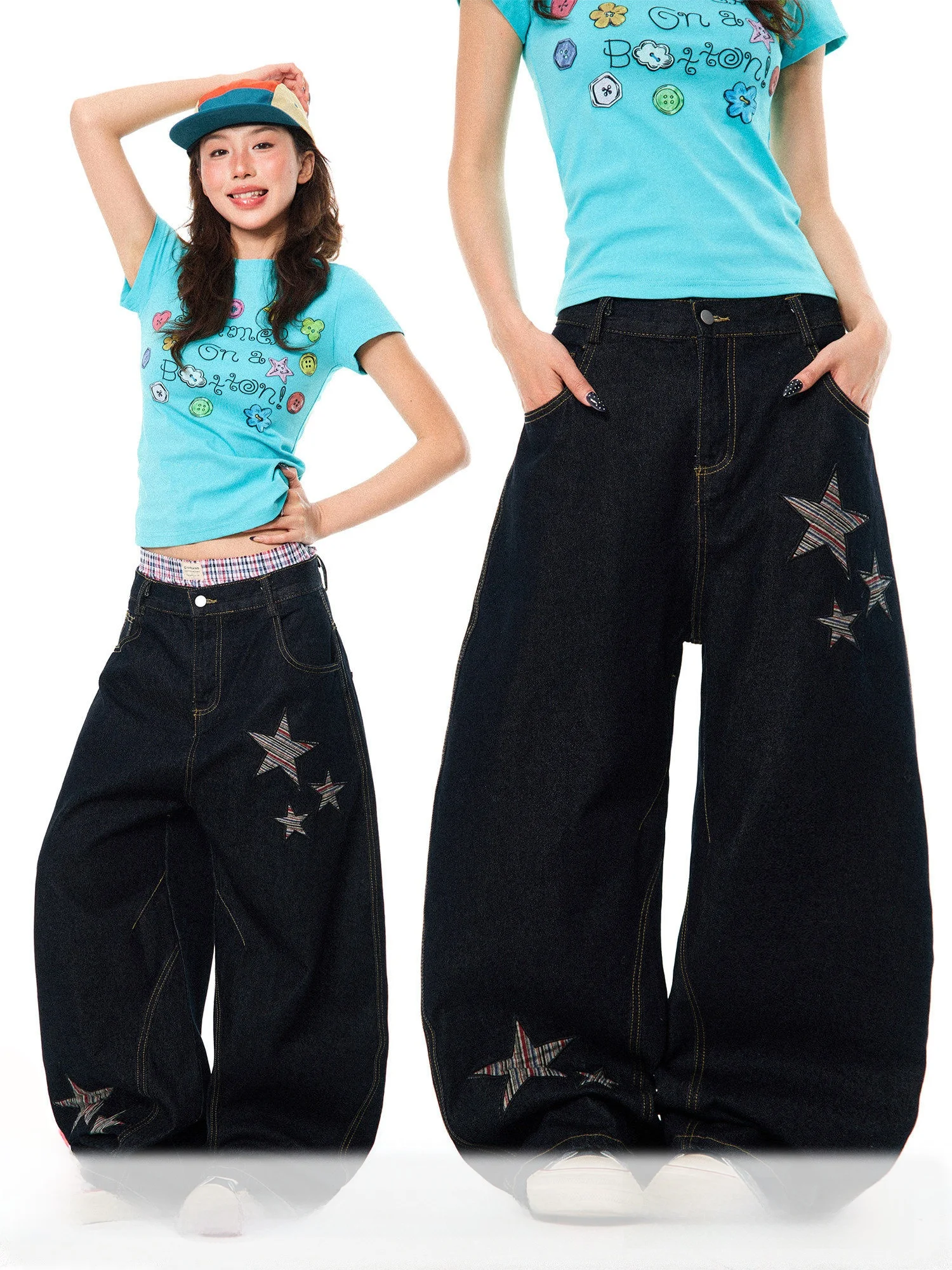 

Джинсы Young Stage American Sle Casual с широкими штанинами для женщин, свободного кроя, универсальные, с вышивкой в виде звезд, из смесового хлопка