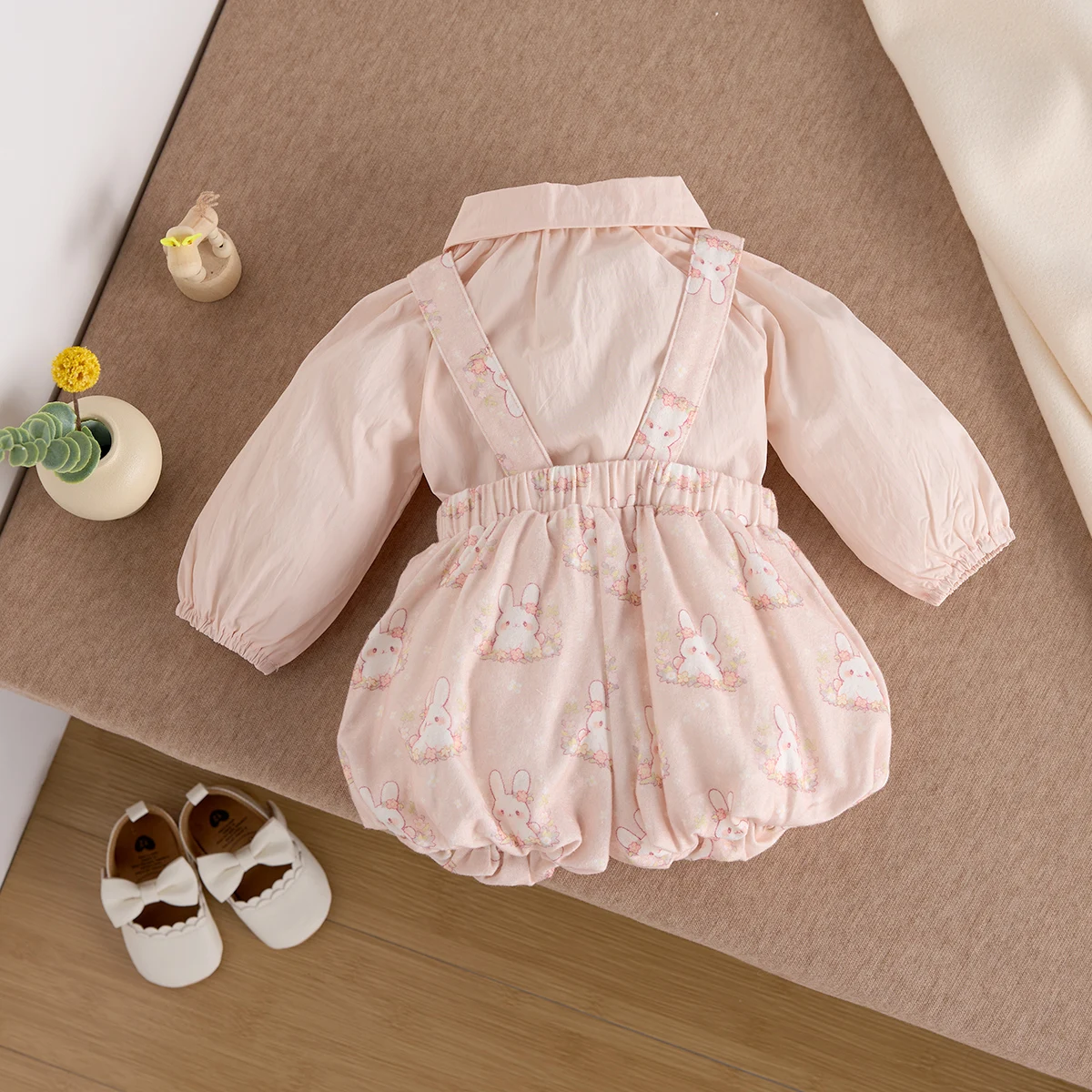Infant Carrycot Pants Set - Korean Style - Girls' Baby Dress with Sweet and Stylish Design - Cute Rabbit Print - Two-Piece Set