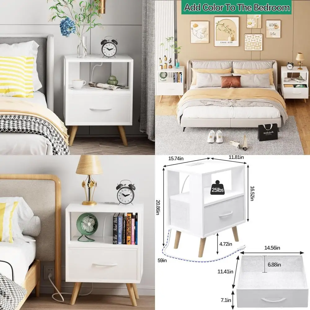 

White 3-Tier Wood Nightstand with USB & Outlet, Charging Station, Drawer, Ideal for Small Spaces in Living Rooms and Bedrooms