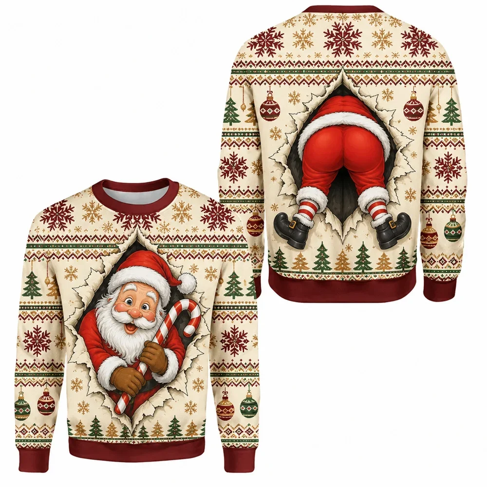 Santa Claus Wall-Breaking 3D Print Optical Illusion Ugly Sweater for Men Christmas Holiday Funny Sweatshirt Fashion Personality