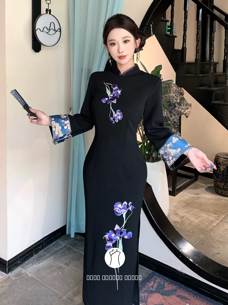 

Новое зимнее платье 2025 года для девочек с меховой подкладкой, утепленное, в стиле ретро, с длинными рукавами и низким разрезом, для повседневной носки