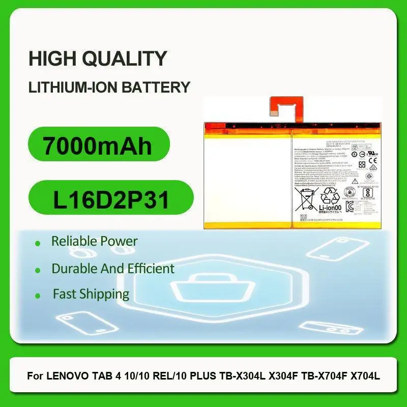 

New Replacement L16D2P31 Tablet Battery For LENOVO TAB 4 10 /10 REL / 10 PLUS TB-X304L X304F TB-X704F X704L X504F X504L 7000mAh