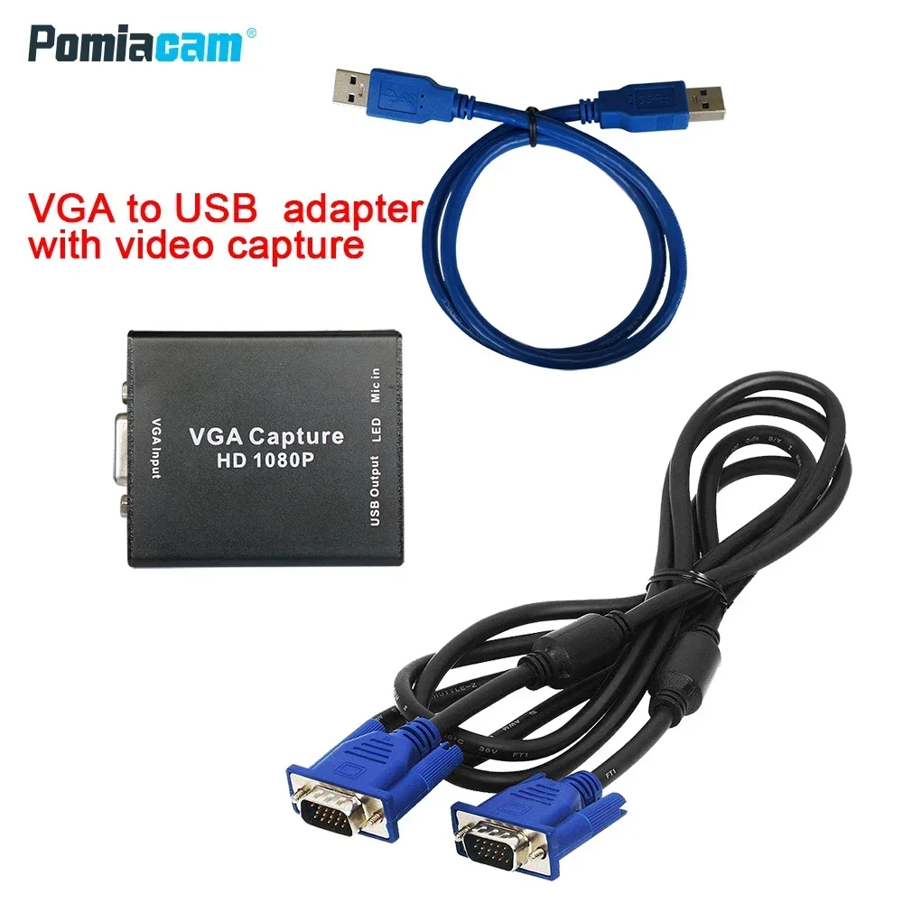 Convertisseur adaptateur VGA vers USB, prise en charge de la carte de capture audio et vidéo, câble VGA, entrée de signal VGA, sortie USB 2.0, 1080p