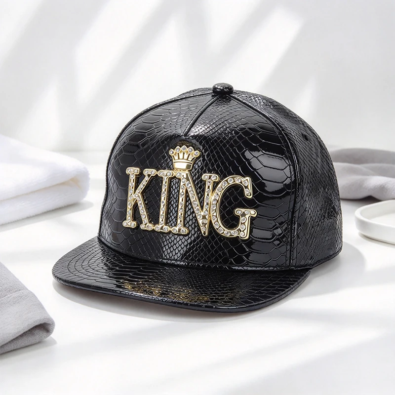 KING Rhinestone Flat Brim Hat Men Women Baseball Cap Shiny Snapback Hip Hop Cap Streetwear Outdoor Party Costume Headwear