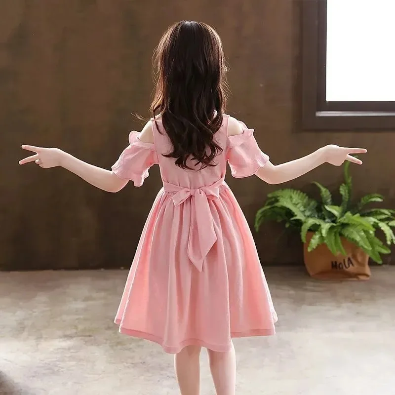 2026 retro summer Teens Girls Cloth bow sleeve mesh princess peter pan collar dress Children outfit 4 5 7 8 10 12 14 year korea
