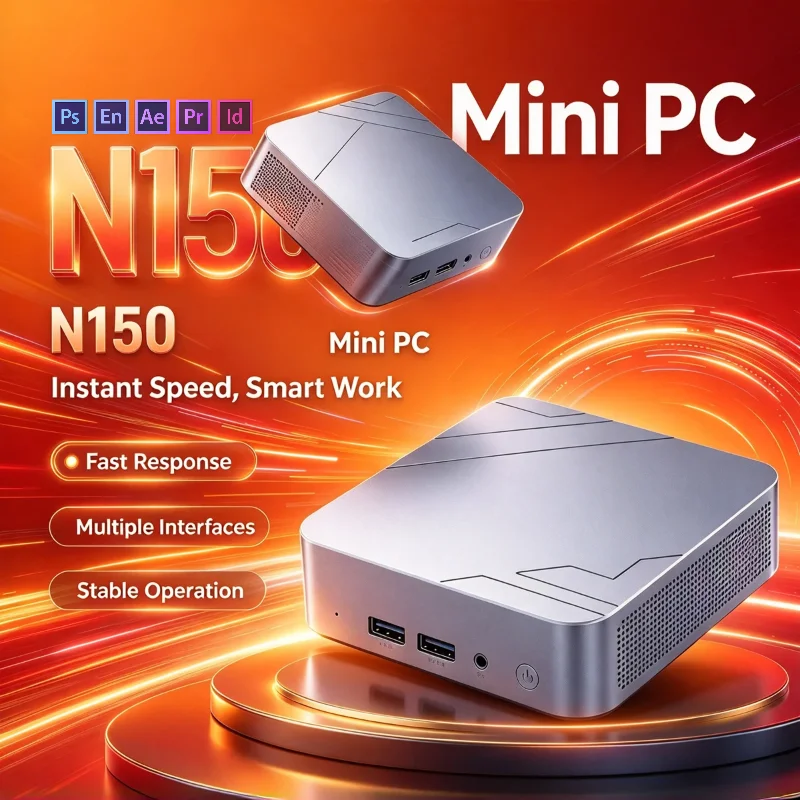 Mini PC 2026 N150 Silencioso Sem Ventoinha 16GB DDR4 512GB SSD M.2 NVMe 3x 4K 60Hz DP WiFi6 BT5.2 para Escritório em Casa Multi