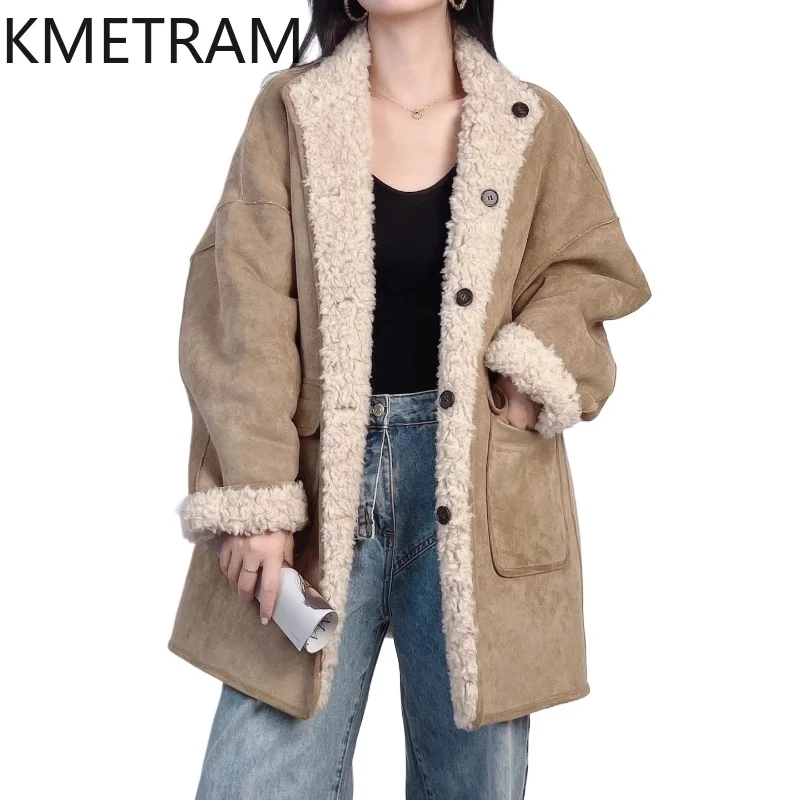 معاطف صوف 100% من KMETRAM للنساء معطف متوسط الطول قابل للعكس ملابس شتوية سترة قص الأغنام الفضفاضة 2025 أسلوب نسائي