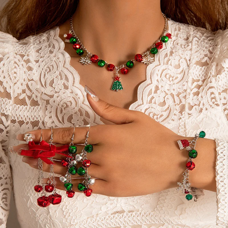 Christmas series new cute red and green bell bead earrings necklace bracelet three piece set Christmas jewelry