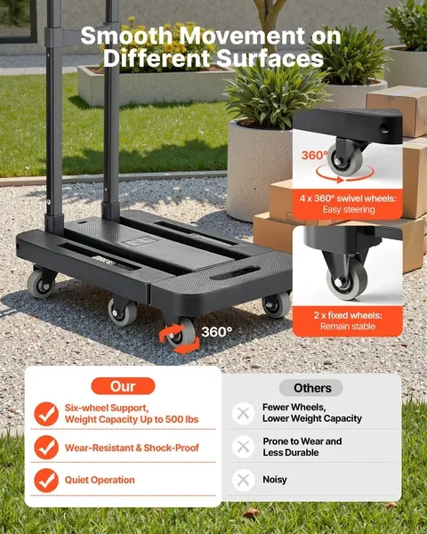 شاحنة يدوية قابلة للطي، سعة 500 رطل، عربة أمتعة قابلة للطي بـ 6 عجلات مع حبال مرنة وقاعدة قابلة للتوسيع، باللون الأسود