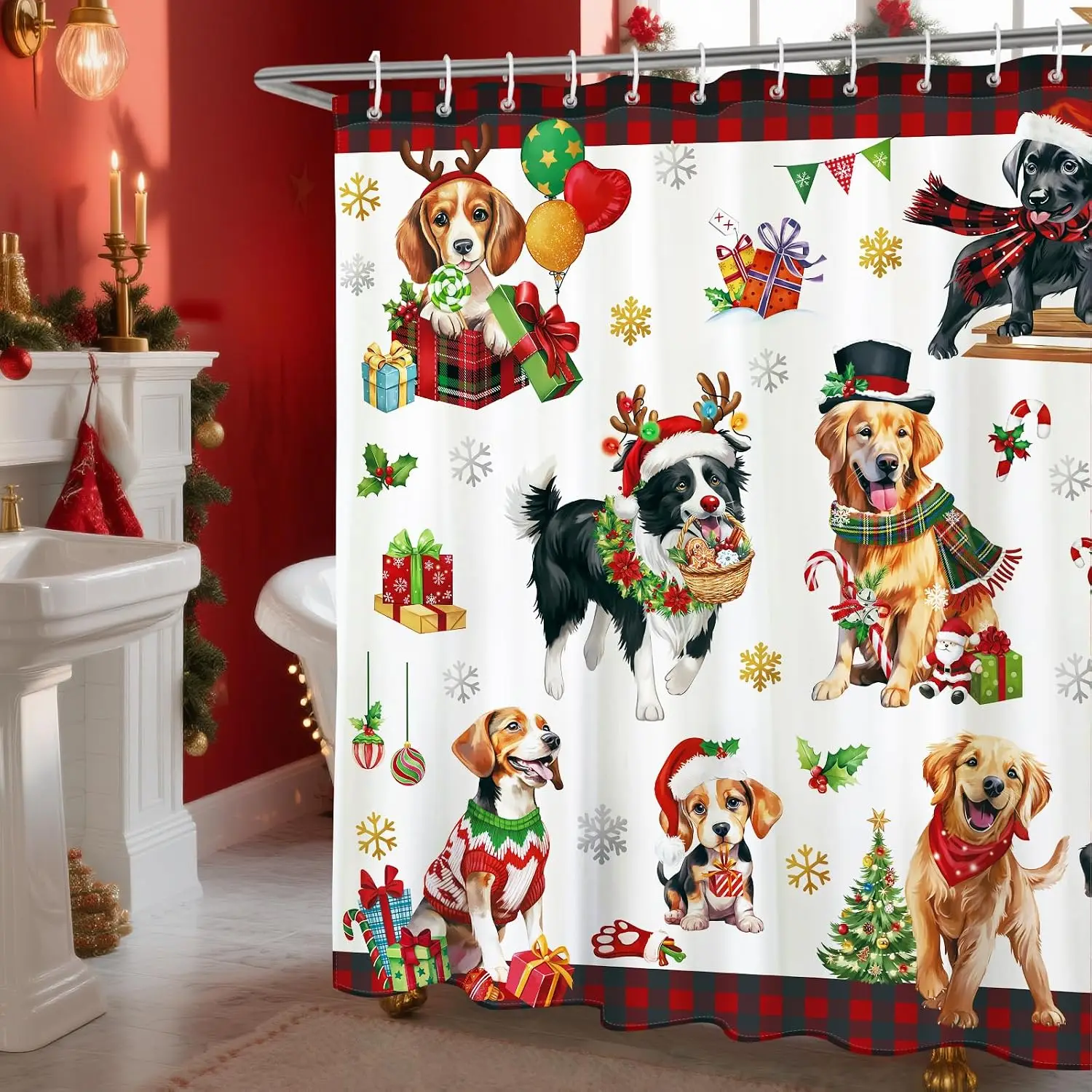Christmas Dog Shower Curtain, Cute Puppy Santa Hat Gift Box Bath Decor, Festive Holiday Pet Art, Waterproof Polyester Fabric