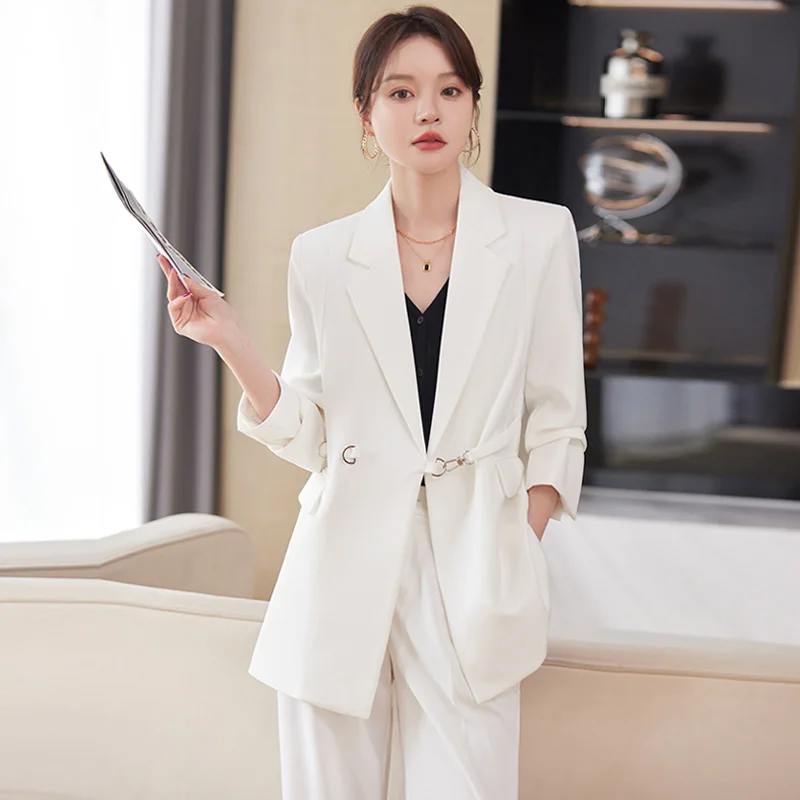 Women's Spring/Summer Plus Size Retro Casual Short Blazer Wide Leg Pants Set Commuter Metal Chain Belt Suit Pants Two Piece Set