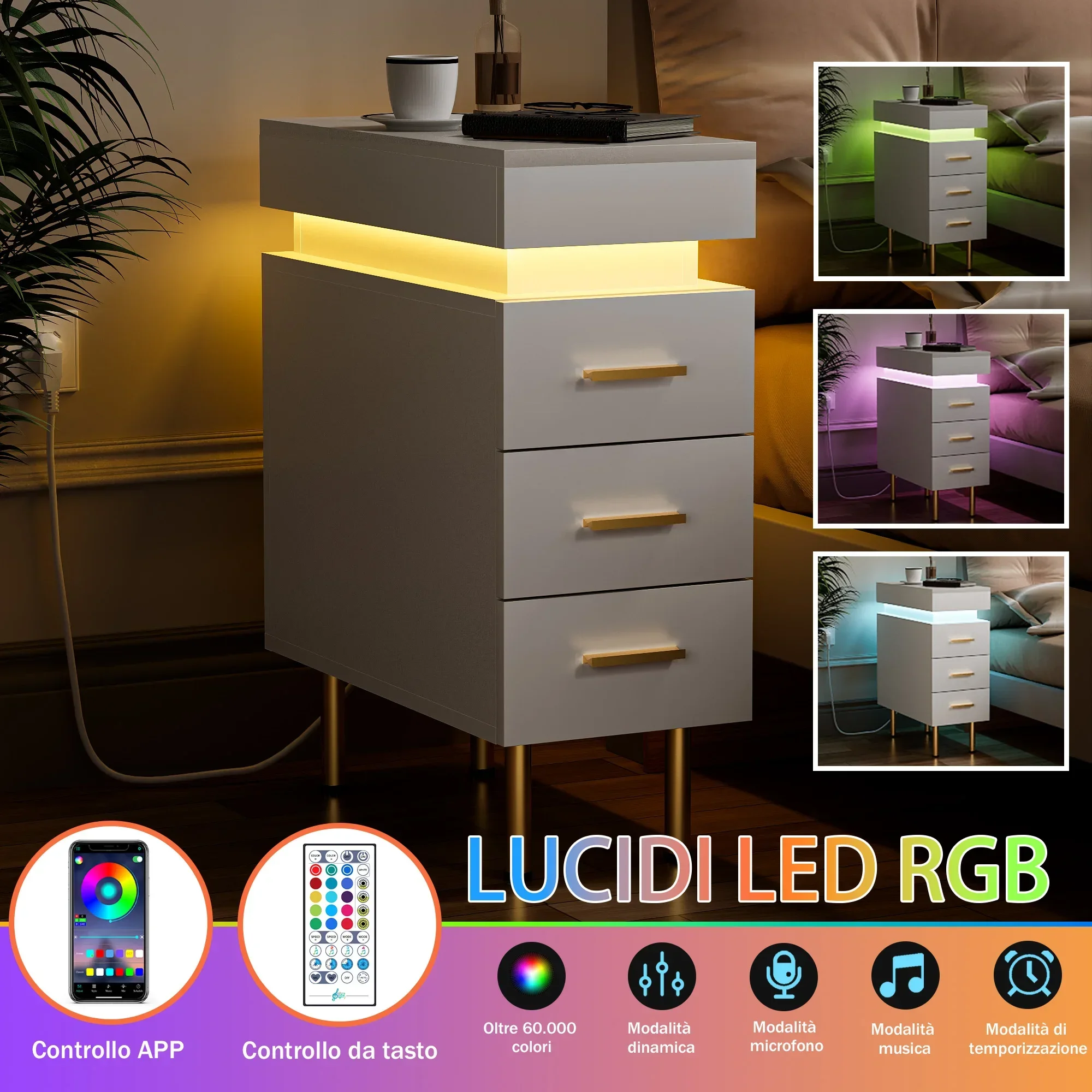 Table de chevet étroite à 3 tiroirs pour chambre à coucher, prise UE, avec bande lumineuse, télécommande, réglable, Bluetooth, support au sol en bois