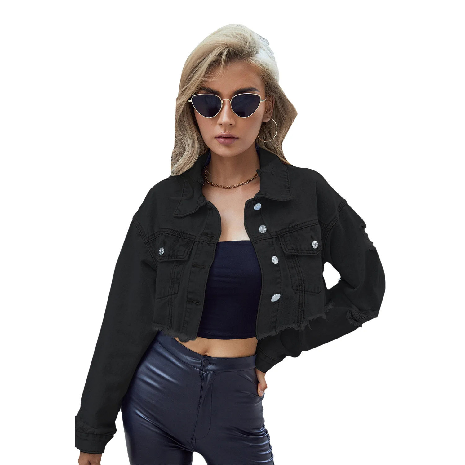 Women Clothing Single Breasted Denim Coat Long Sleeve Turn Down Washed Jackets Loose Fit Cardigan Streetwear Solid Pockets