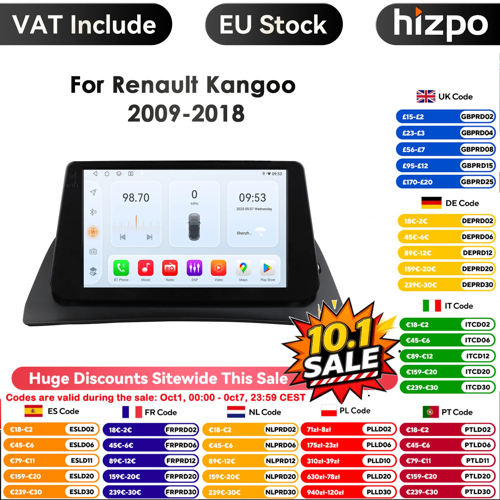 Hizpo Carplay Android Auto per Renault Kangoo 2009 - 2018 Autoradio Lettore video multimediale GPS AI Sistemi intelligenti Autoradio