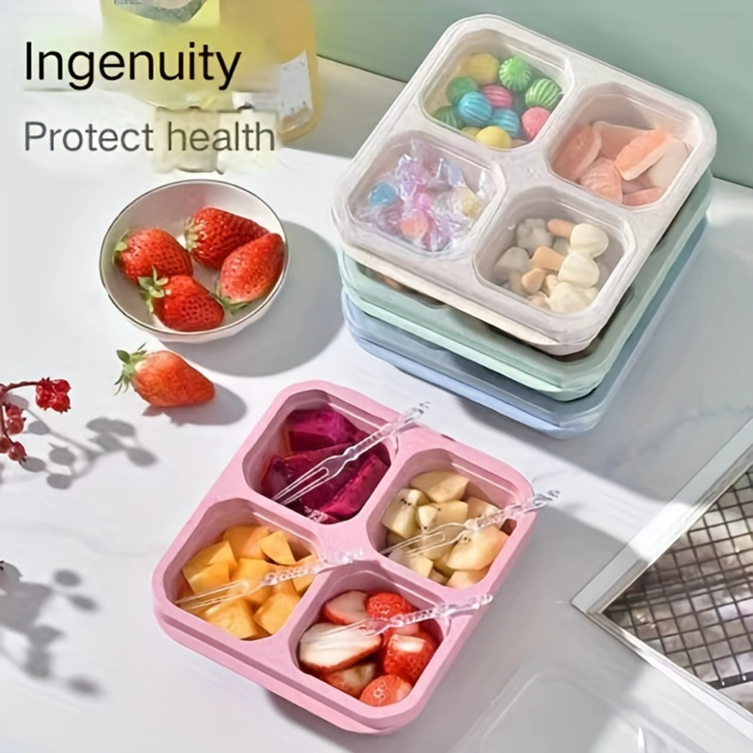 1pc, Bento Box, Four-grid Snacks Fruit Candy Grid  Plate, Does Not String Taste  Box, Fruit Snacks Nuts With Lid, Plate, Wheat S