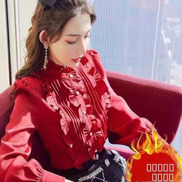 

Faionable Young Stand Collar Red Slim Fit Chiffon irt Commute Sle Long Sve Button up Women's irt Autumn Winter New...