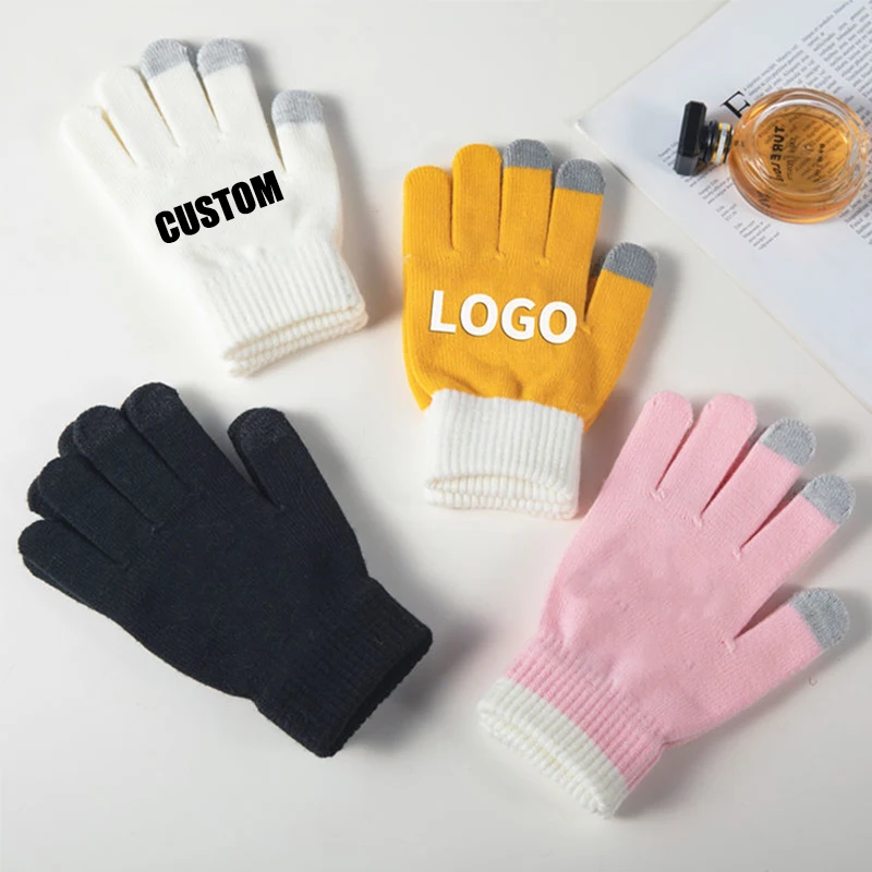 Custom LOGO Printing Pattern Gloves Full Finger Touch Screen Knit Mittens Wool Gloves Men Women Autumn Winter Fleece Warm Gloves