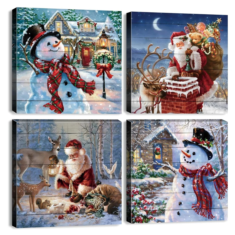 Christmas gift Wall Art Snowman Santa diamond painting 4 pcs Christmas Home Decoration Watercolor Deer Painting Winter Red Cabin