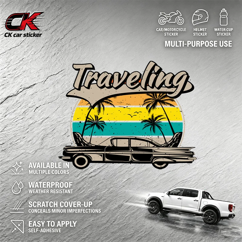 Traveling Retro Car Palm Tree Sunset Graphic for Road Trip