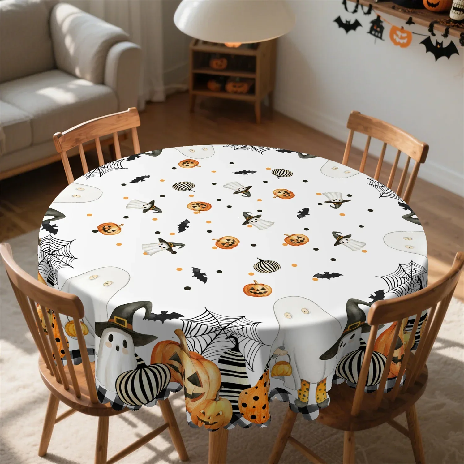 Buffalo check striped pumpkin spider web bat Halloween tablecloth - Washable tablecloth coverxzj