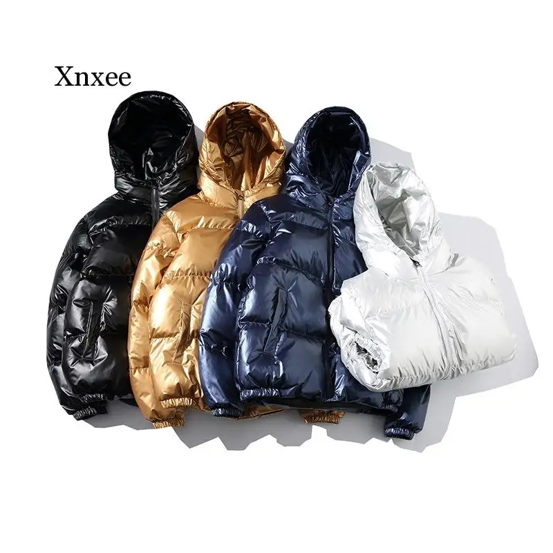 Men and Women Unisex Glossy Down Jacket Winter Glossy Silver/black/gold/blue Hooded Parka Outwear Down Padded Coats Female