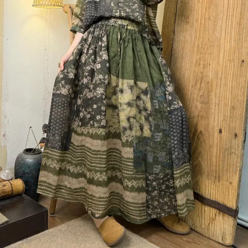 New Arrival Spring Summer Arts Style Women Elastic Waist Loose A-line Skirt High Quality Cotton Linen Vintage Print Long Skirts