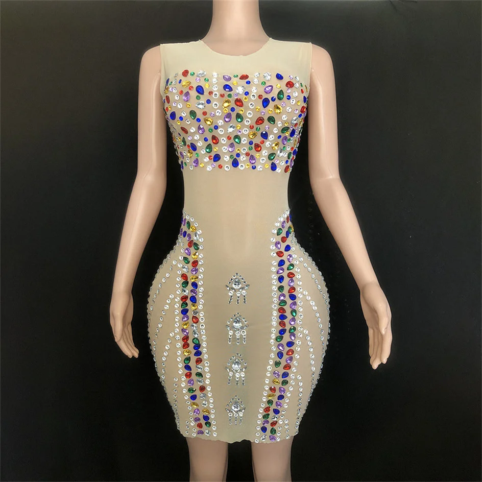 

Colorful Rhinestones Women Sexy Sheath Dress Evening Party Performance Costume Bar Nightclub Singer Dancer Stage Wear