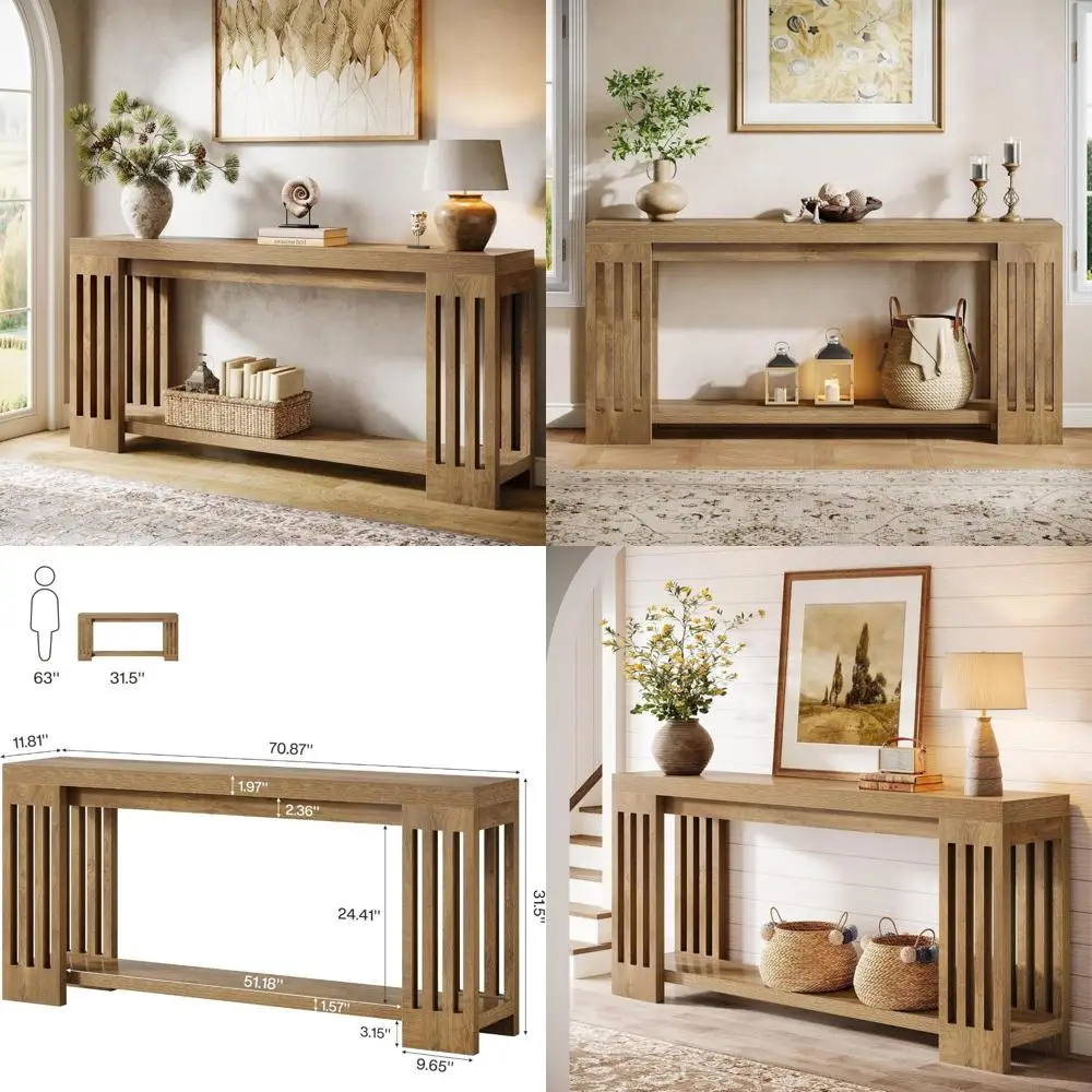 Mesa de console de entrada estilo fazenda longa de 70,9 polegadas com design de duas camadas e pernas de listra vertical