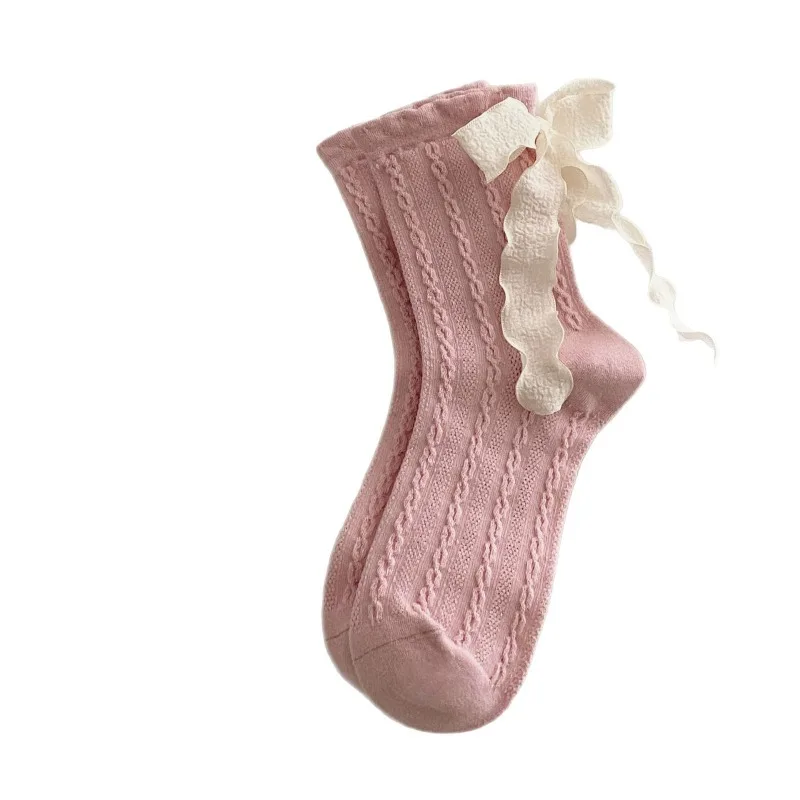 5 paires printemps mi-mollet Stocks avec nœuds de ruban respirant coton cheville chaussettes chaudes pour les femmes automne Coquette chaussettes de haute qualité