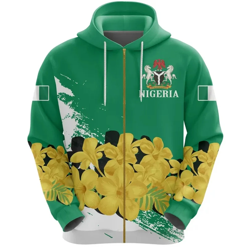 Nigeria Flag Map Hooded Sweatshirts NGA National Emblem Zip Up Hoodie For Men Clothing Casual Male Daily Sports Boys Pullovers