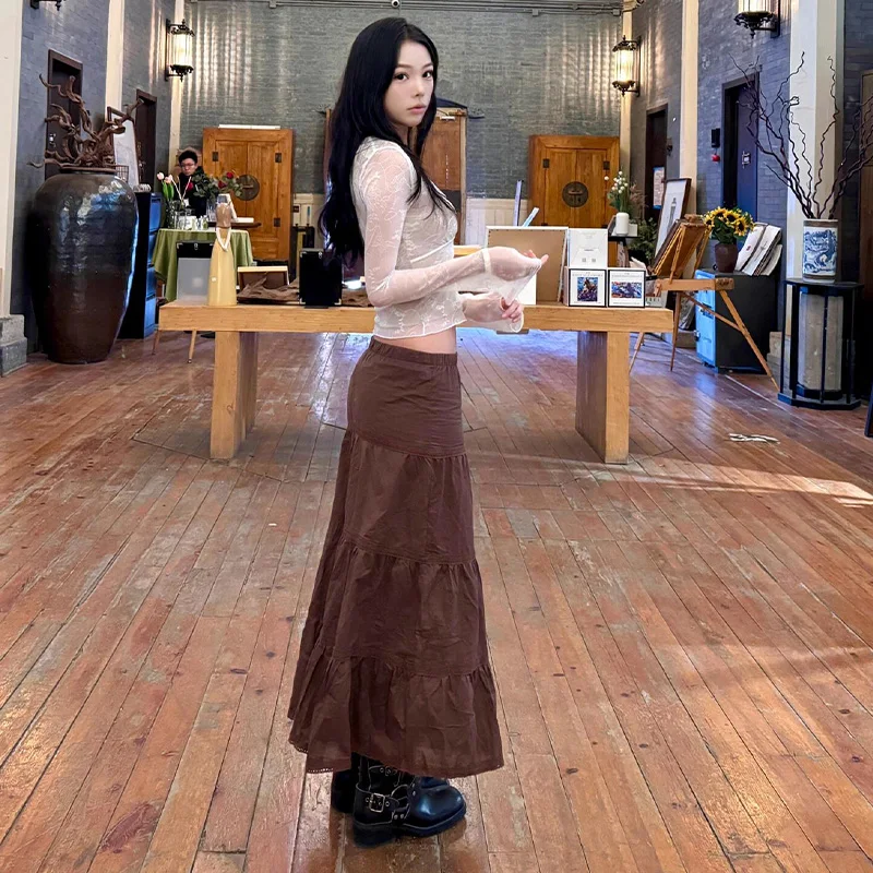 French Lace Stitching Frill Skirt Women's Early Spring High Waist Slimming Lace Splicing Cake Skirt Mid-Length A Word Skirt A693