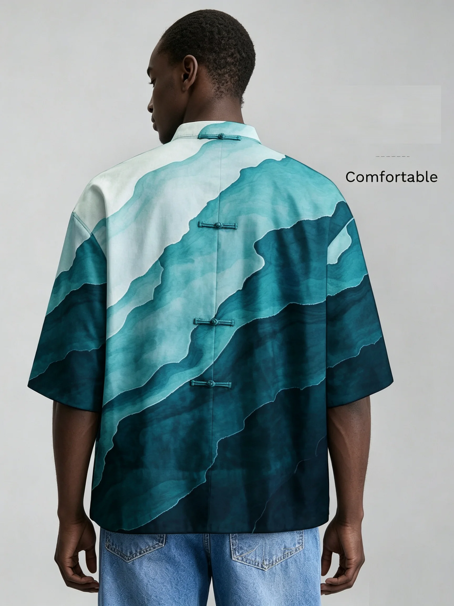 Men Chinese Style Frog Button Stand Collar Shirt, Loose Short Sleeve Ink Print Casual Blouse For Summer