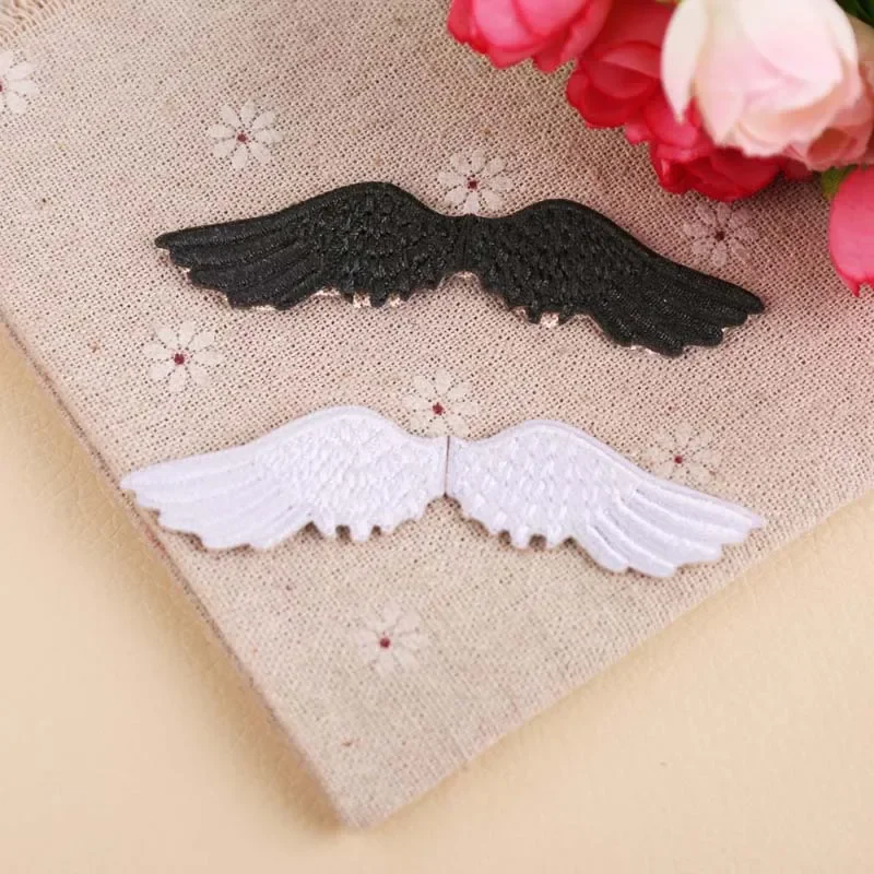 White Angel Wings Embroidery Patches Black Angels Iron on Wing Pair Appliques Small Heat Seal Cloth Stickers for Caps Shoes Bags