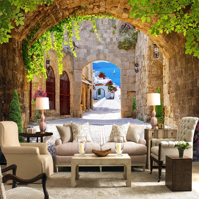 Customized European 3D Arches Brick Stone Road Buildings Mural wallpaper Living room sofa TV background wall bedroom restaurant