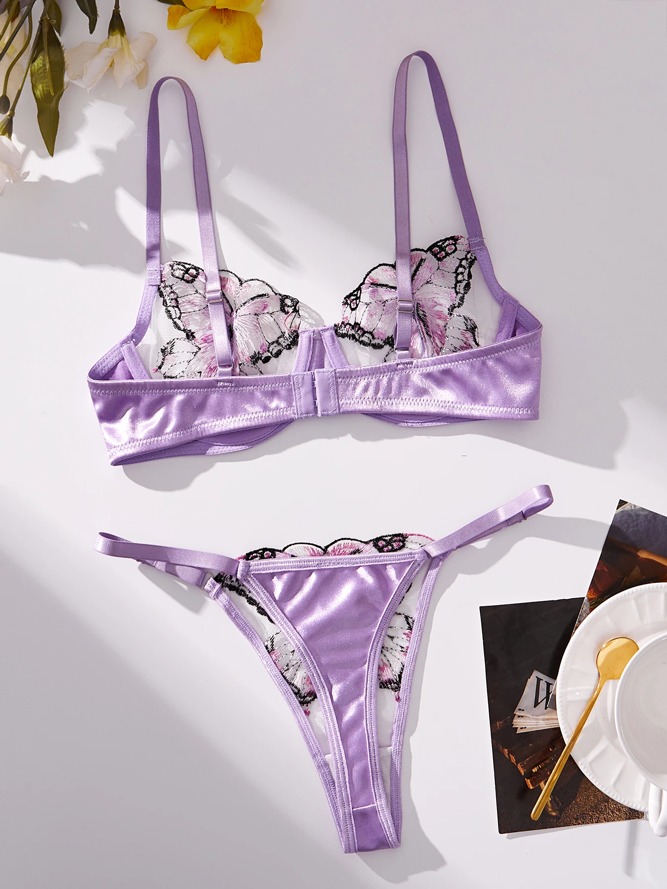 Young Girls Floral Embroidery Lingerie Women Butterfly Bra + Brief Underwear Set Purple Sexy Intimates Set