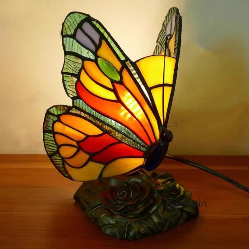

Colorful Butterfly Table Lamp Bedside Night Light LED Retro Dining Room Desk Lighting Fixtures Tiffany Glass Art Decor Luminaria