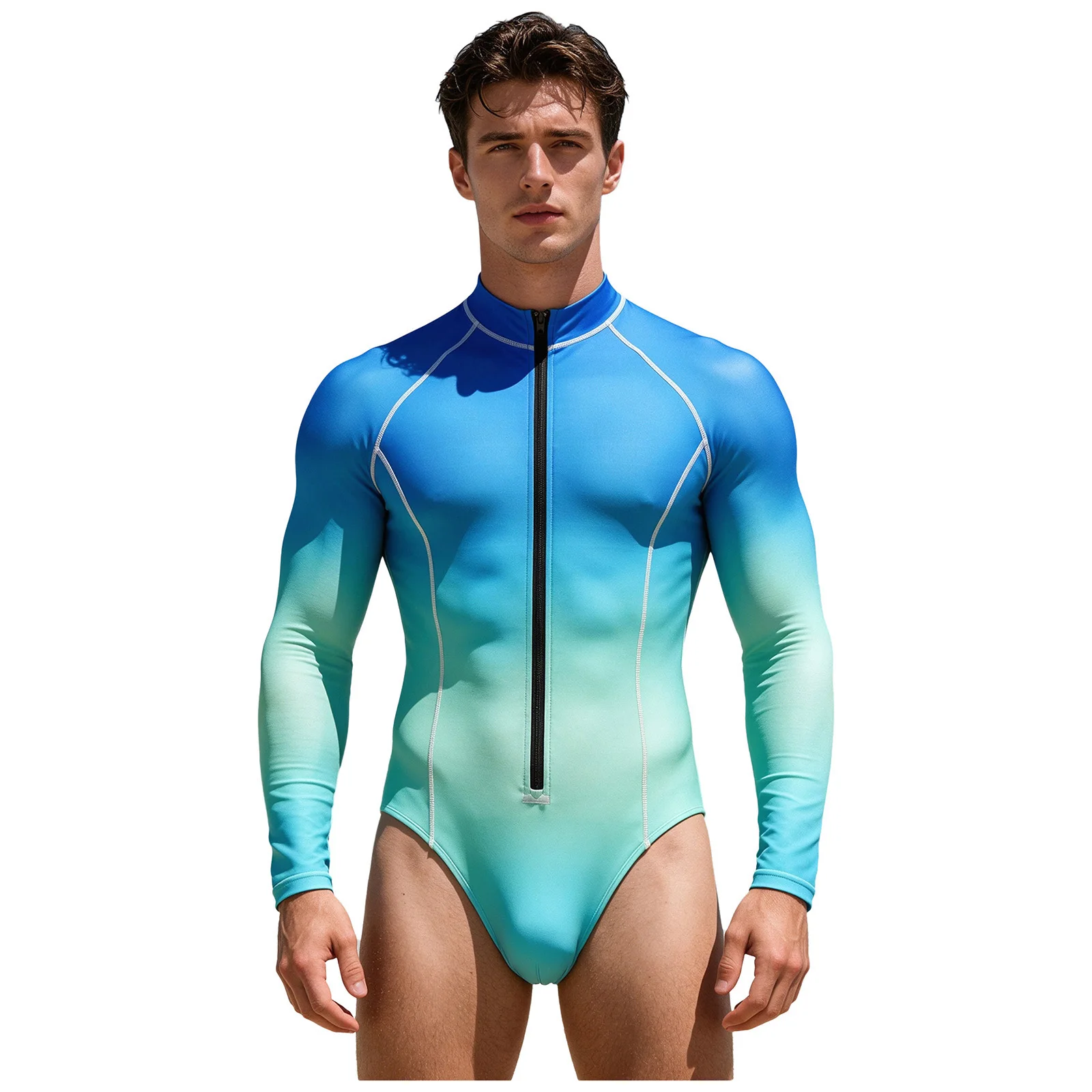 Mens Gradient Bodysuit Swimsuit Long Sleeve Zipper Quick-dry Stretchy Leotard Workout Fitness Surfing Bathing Suit Swimwear