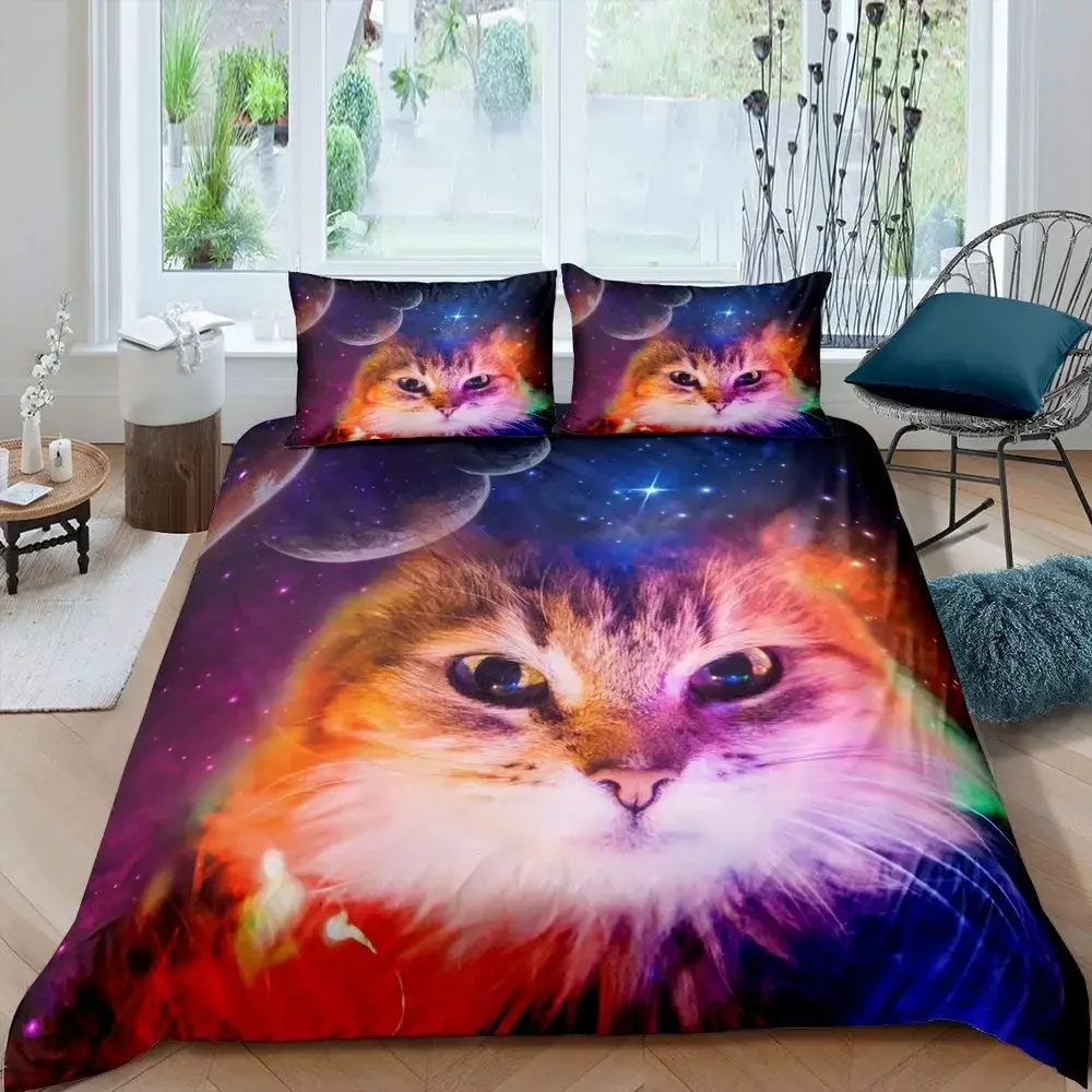 Galaxy Cat Duvet Cover Universe Galaxy for Kids Boy Girl Cute Kitten Printed Outer Space Planets Quilt Cover Bedroom Decorations