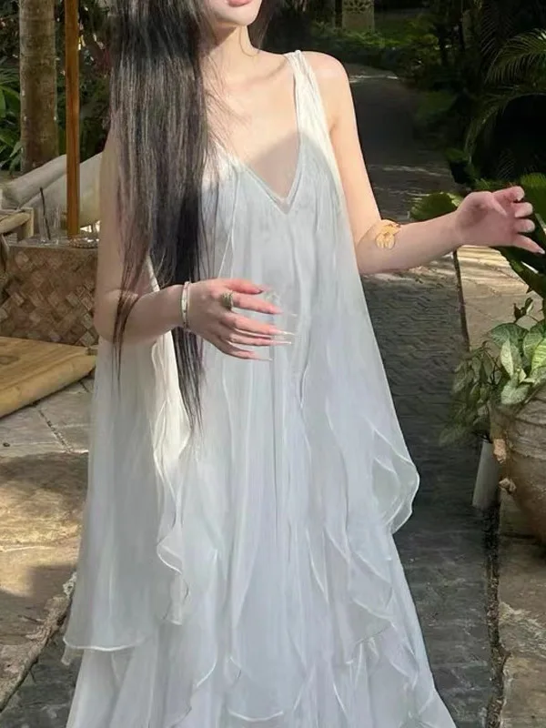 Heavy Work Layered Hemline Beach Photo Perfect Dress Elegant Morning Robe Daily Birthday Gown Asymmetrical Skirt