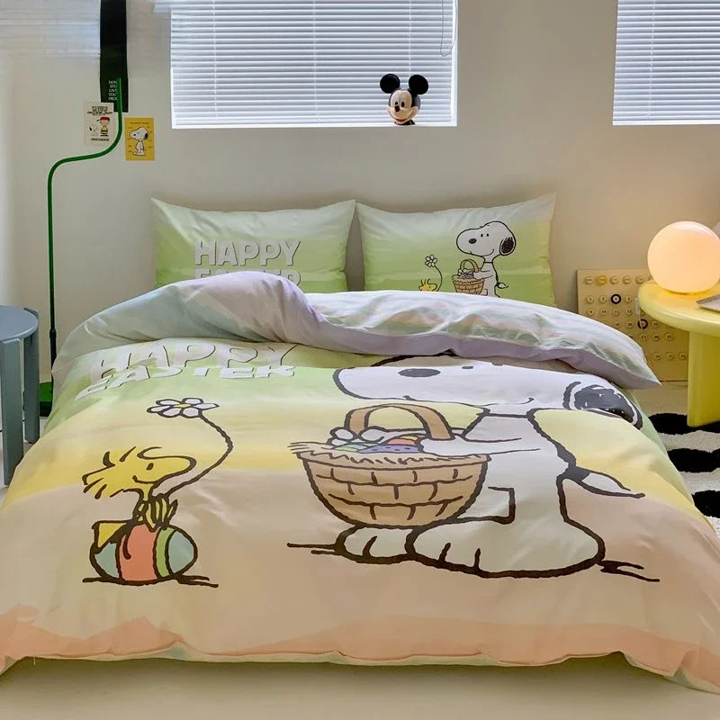 Snoopy student dormitory new cute cartoon digital printing pure cotton antibacterial bed sheet and quilt cover three-piece set