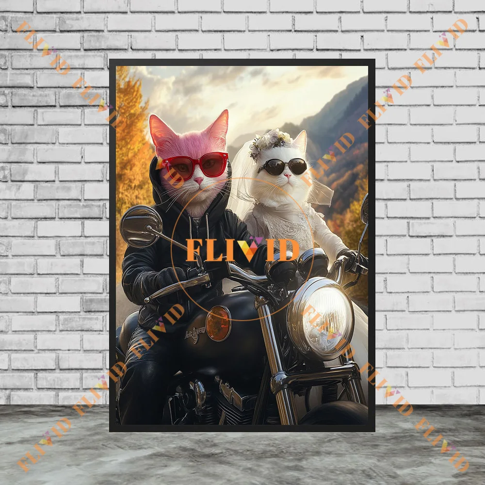 Wedding Cat Couple Wall Art Canvas Painting  Elegant Bride Groom Pet Canvas Posters Cute Animal Decor for Home Decor Unframed
