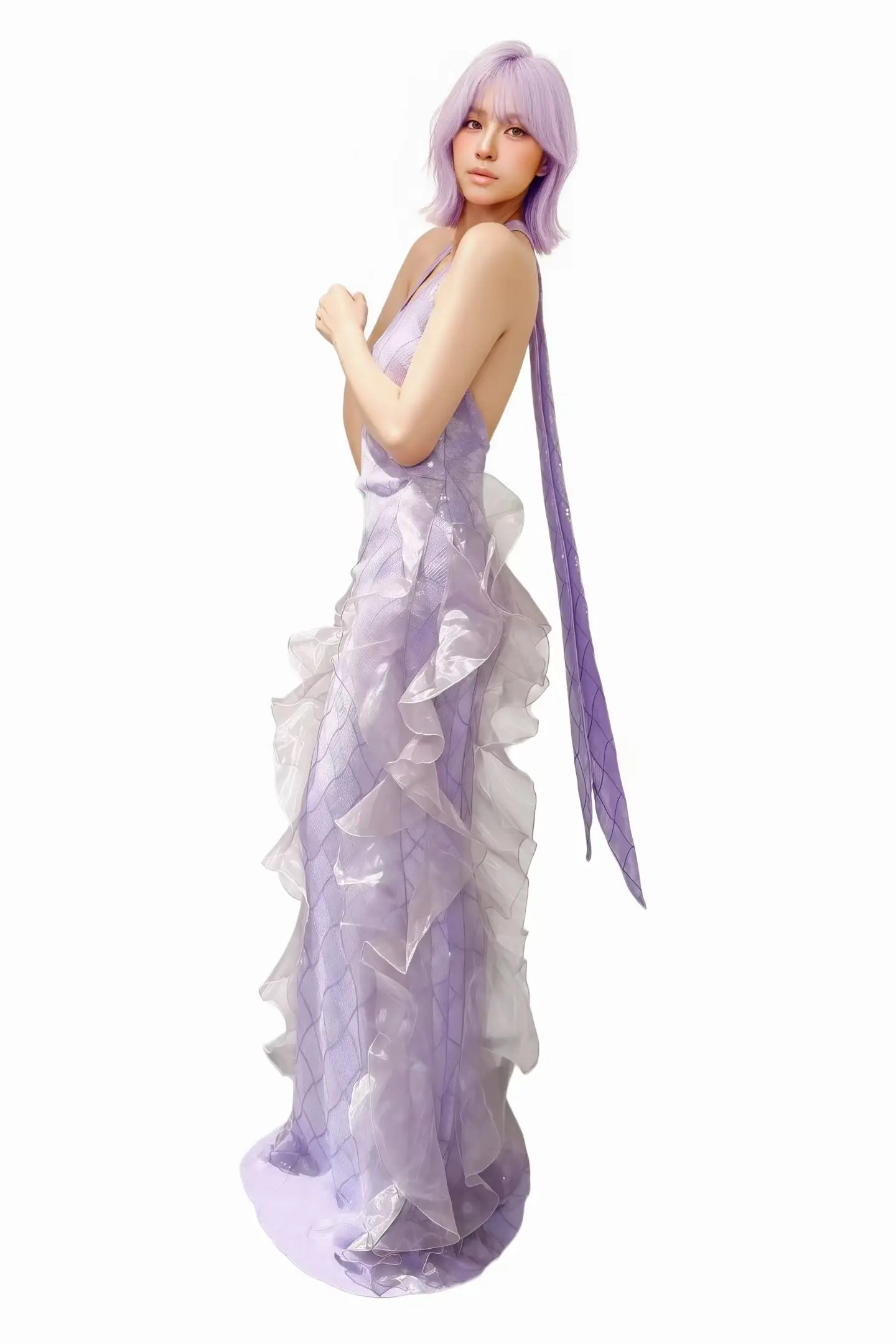 Yuni Elegant Halter Neck Lavender Sequined Mesh Mermaid Long Dress Irregular Cascading Organza Ruffle Bridal Gala Outfit - view 2
