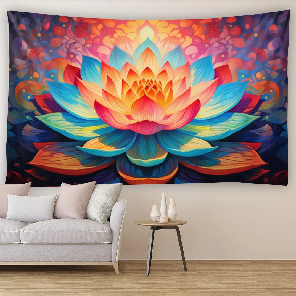 Lotus Tapestry with Glowing Flowers for Meditation Space Dreamy Modern Wall Hanging Home Decor Glowing Lotus Wall Art