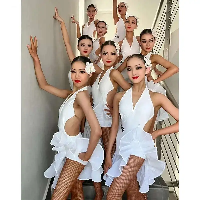 

2025 New Grils White Latin Dance Training Dress Child Halterneck Sleeveless Petal Halterback Competition Performance Costumes