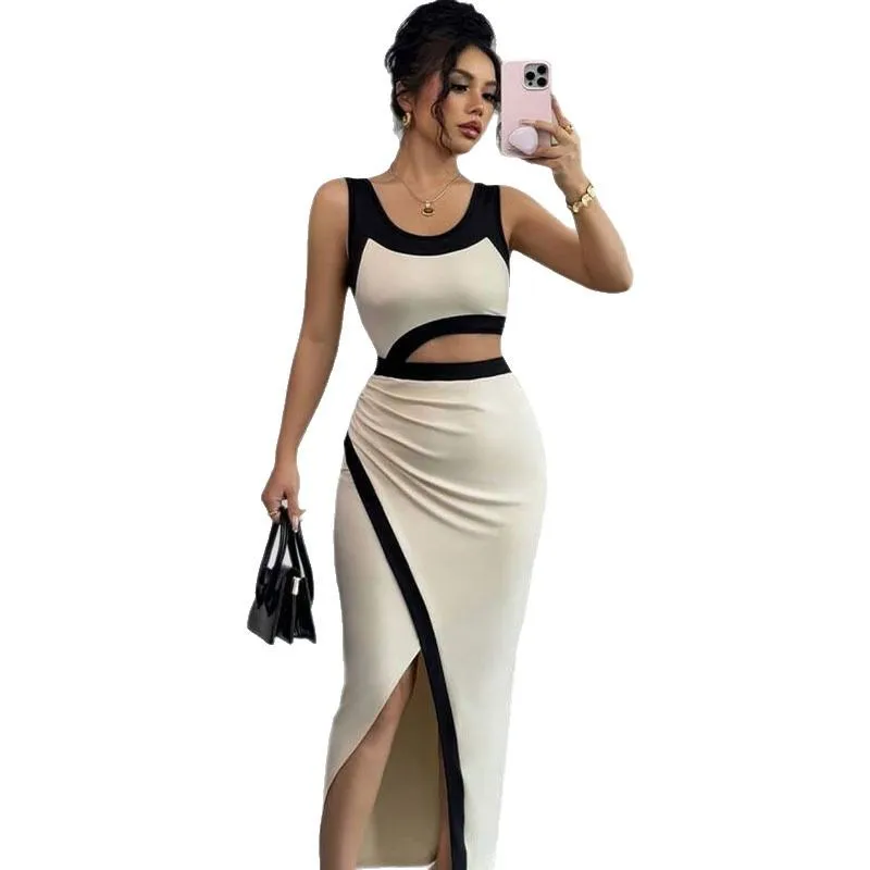 202 New Spring and Summer Fashion Temperament U-neck Slit Bag Hips Open Waist Thin Patchwork Women's Dress