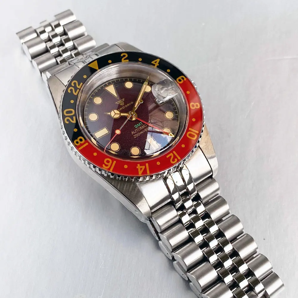 Tandorio جديد ريترو الأرجواني الهاتفي الذهبي الأيدي الأخضر التجويف غواص 20ATM 38 مللي متر الياقوت NH34 GMT ساعة أوتوماتيكية للرجال تاريخ النايلون