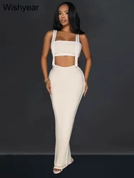 Wishyear Casual Apricot Chest Wrap and Long Dress Two 2 Piece set Knitted Ribbed Party Women Night Club Female Birthday Vestidos