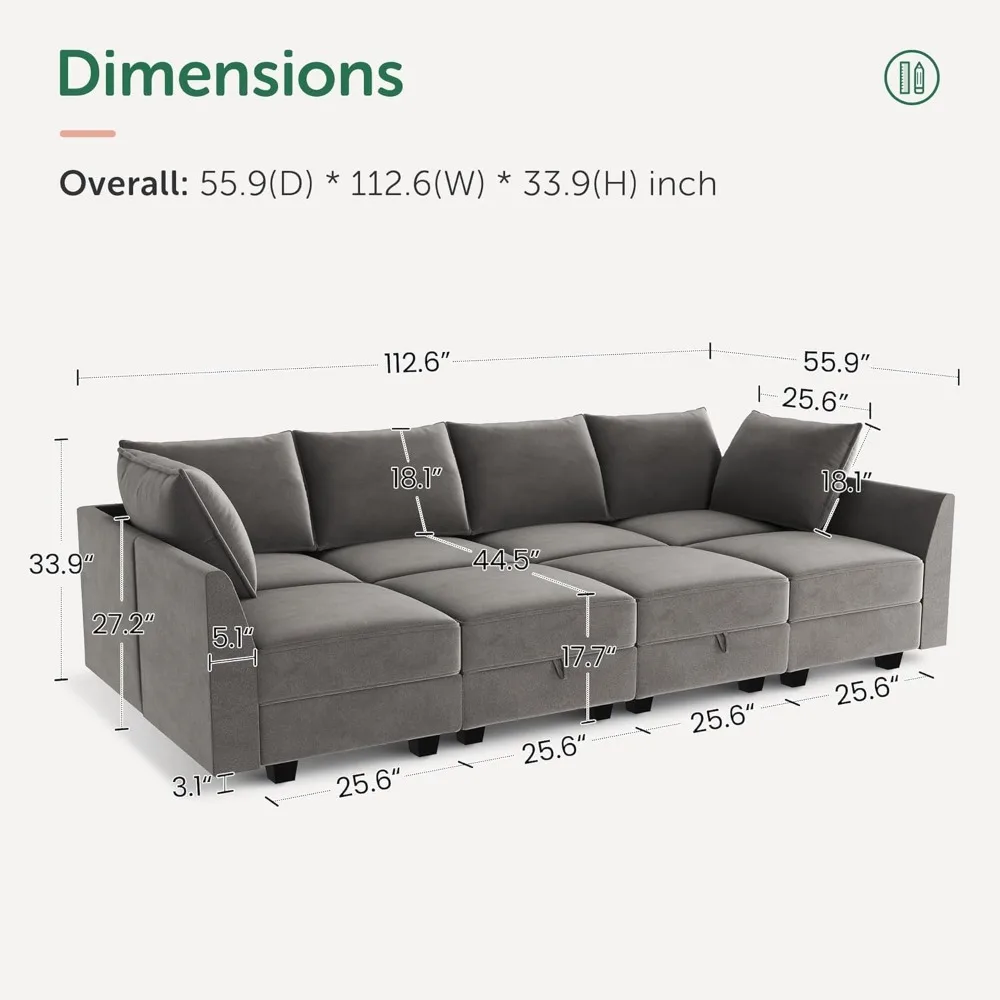 Modular Sectional Sleeper Sofa Velvet Sectional Sleeper Couch with Storage Seats Oversized Sectional for Living Room,Grey