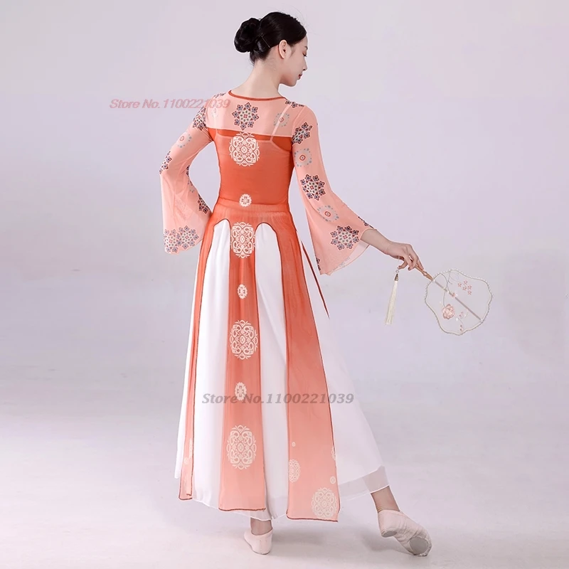 2025년 전통 중국 빈티지 댄스 국화 프린트 메쉬 한푸 상의+하의 세트 무대 공연 의상 고대 민속 무용