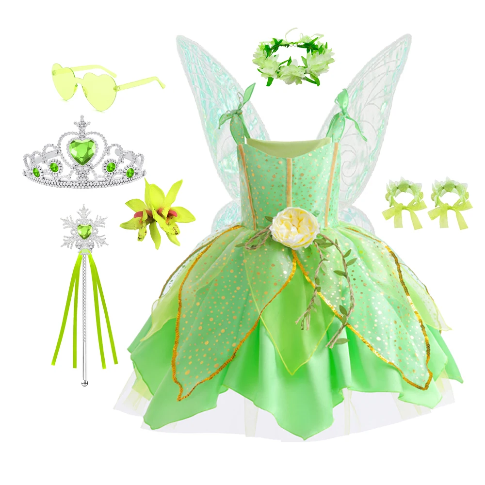فستان جرس تينكر للفتيات مع أجنحة زي خرافي أخضر ملابس كرتونية خيالية فستان الأميرة الأخضر